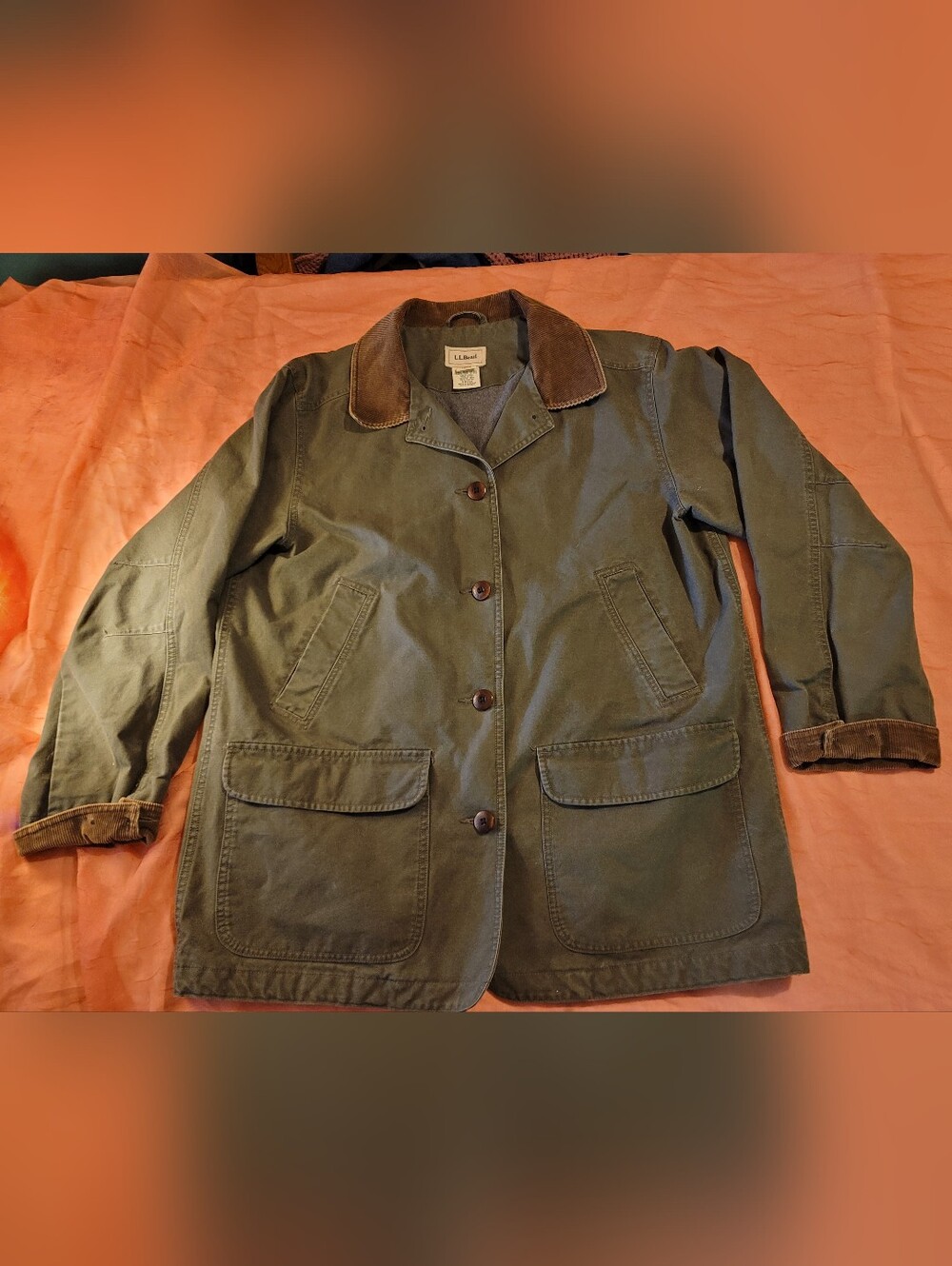 Vtg L.L. Bean Olive Green Barn Coat with Brown Corduroy Collar